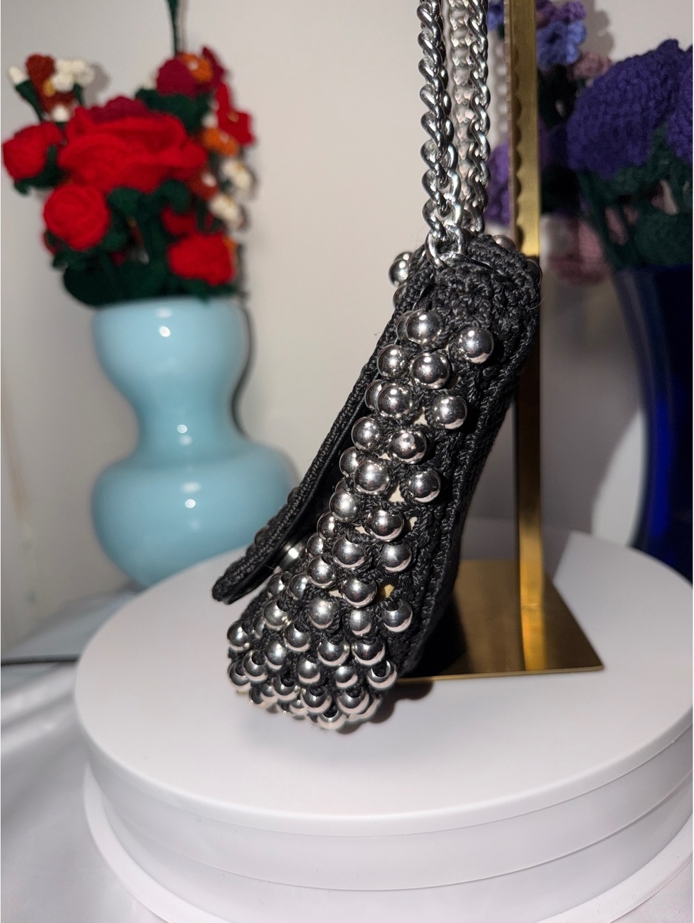 Kurt Geiger Black Crochet Bag with Silver Bead Embellishments EUC - Picture 5 of 10